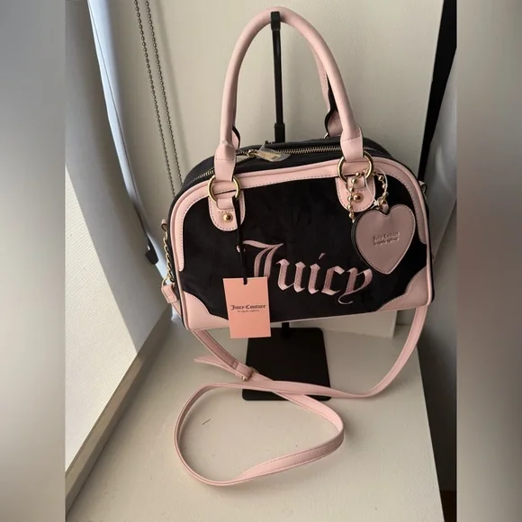 Juicy Couture Black & Pink Velour Handbag w/ Heart Keychain NWT - Picture 1 of 5